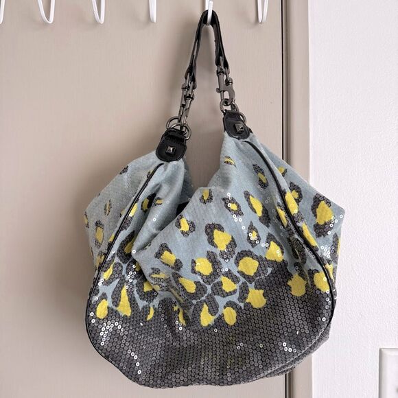 Betsey Johnson Handbags - Betsey Johnson Baby Blue and Yellow Leopard Print Sequin Hobo Bag